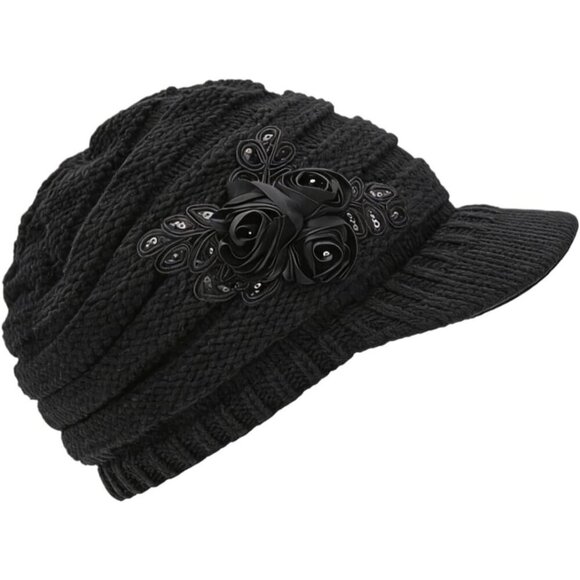 Women\'s Beautiful Style Crochet Black Flower Brim Knit Winter Warm Hat Cap